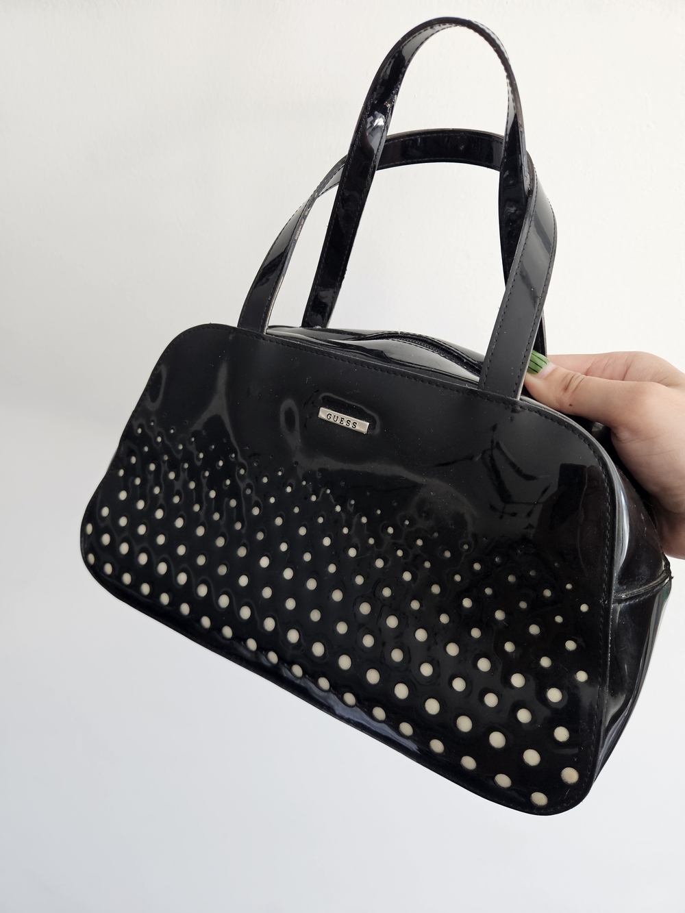 GUESS Black Patent Satchel with White Polka Dot Inset